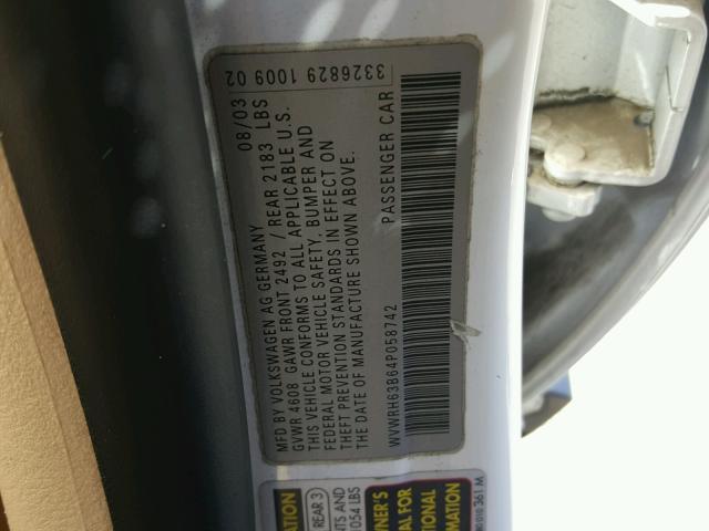 WVWRH63B64P058742 - 2004 VOLKSWAGEN PASSAT GLX WHITE photo 10