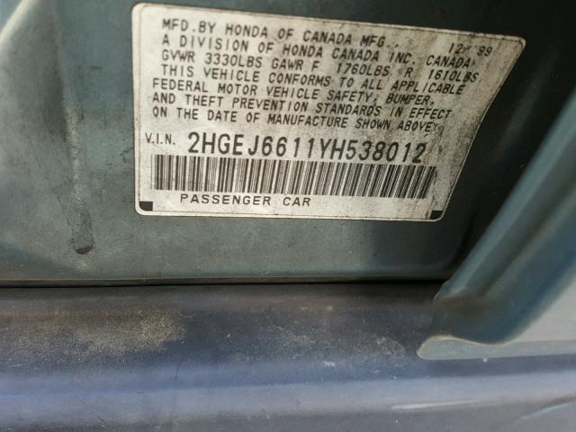 2HGEJ6611YH538012 - 2000 HONDA CIVIC BASE Mavi foto 10