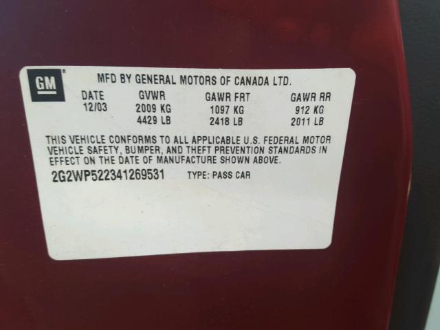 2G2WP522341269531 - 2004 PONTIAC GRAND PRIX BURGUNDY photo 10