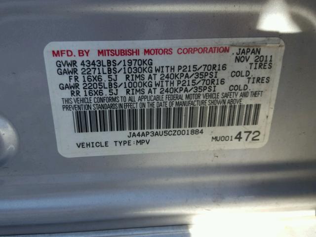 JA4AP3AU5CZ001884 - 2012 MITSUBISHI OUTLANDER SILVER photo 10