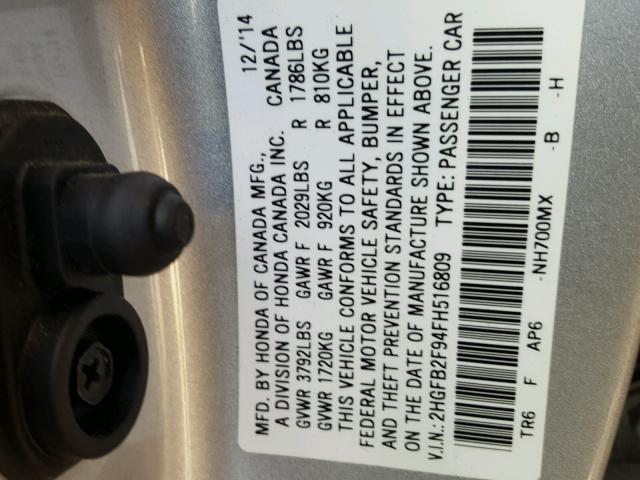 2HGFB2F94FH516809 - 2015 HONDA CIVIC EXL Gümüş foto 10