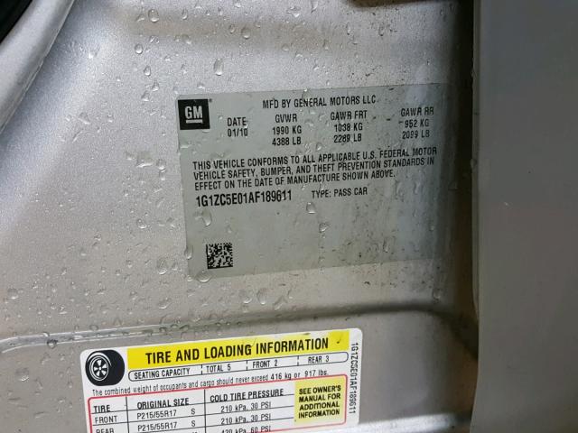 1G1ZC5E01AF189611 - 2010 CHEVROLET MALIBU 1LT GRAY photo 10