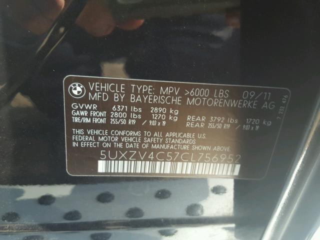 5UXZV4C57CL756952 - 2012 BMW X5 XDRIVE3 BLACK photo 10