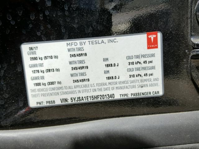 5YJSA1E15HF201340 - 2017 TESLA MODEL S 黑色 照片 10