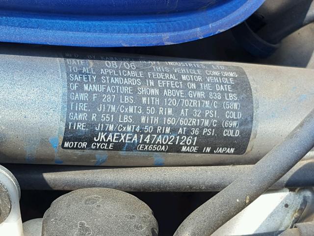 JKAEXEA147A021261 - 2007 KAWASAKI EX650 A Mavi foto 10