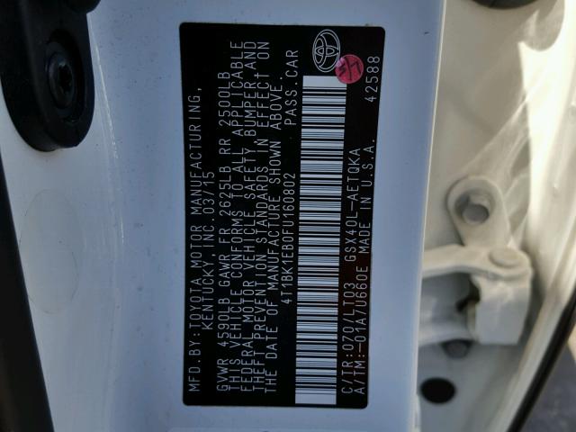 4T1BK1EB0FU160802 - 2015 TOYOTA AVALON XLE 白色 照片 10