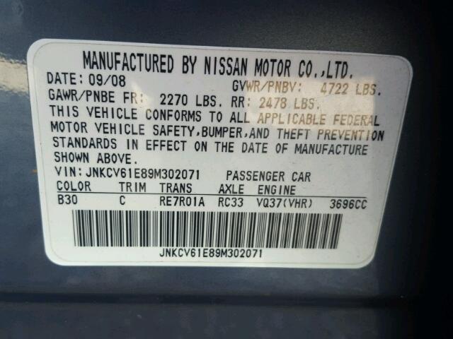 JNKCV61E89M302071 - 2009 INFINITI G37 BASE BLUE photo 10