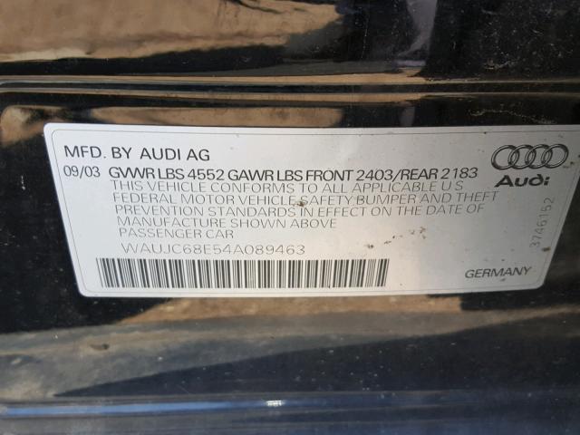 WAUJC68E54A089463 - 2004 AUDI A4 1.8T BLACK photo 10