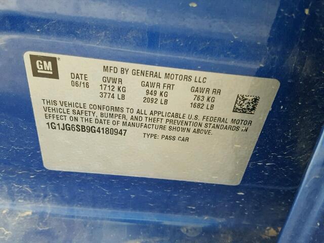 1G1JG6SB9G4180947 - 2016 CHEVROLET SONIC RS BLUE photo 10