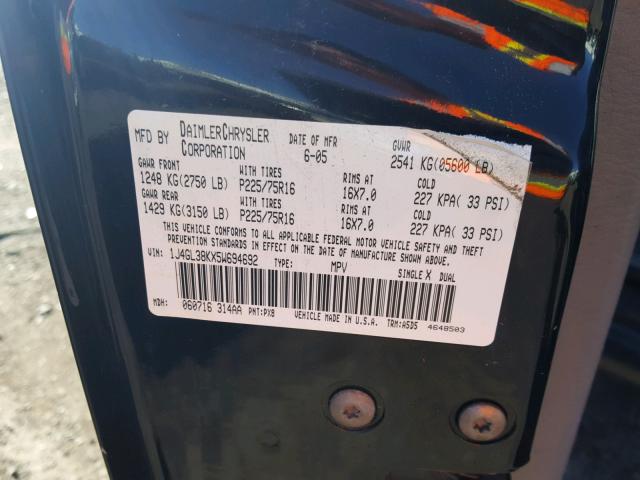 1J4GL38KX5W694692 - 2005 JEEP LIBERTY RE BLACK photo 10