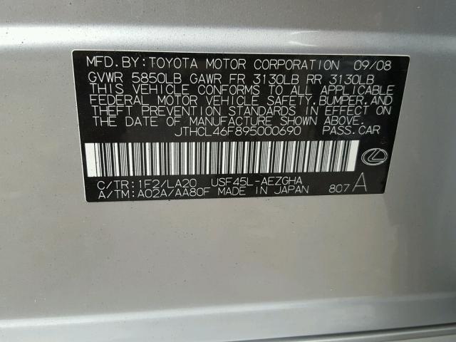 JTHCL46F895000690 - 2009 LEXUS LS 460 SILVER photo 10