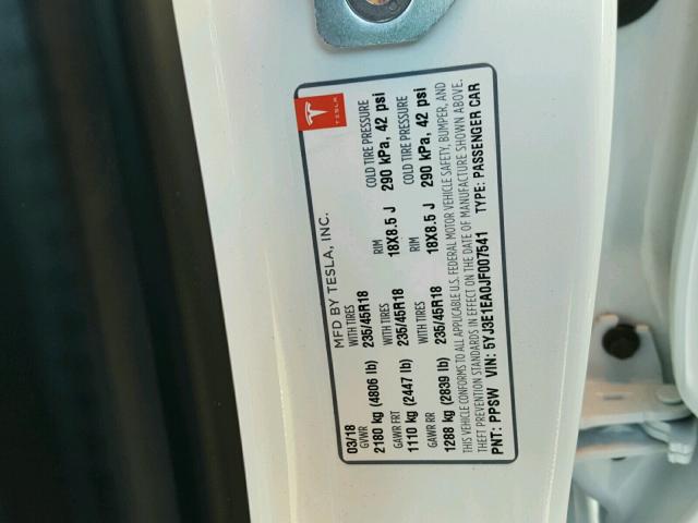 5YJ3E1EA0JF007541 - 2018 TESLA MODEL 3 თეთრი ფოტო 10