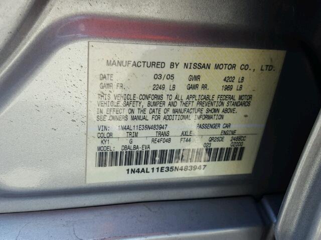 1N4AL11E35N483947 - 2005 NISSAN ALTIMA S SILVER photo 10