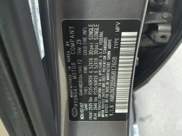 KM8JN72D58U817608 - 2008 HYUNDAI TUCSON SE GRAY photo 10