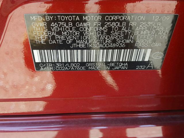 JTHBE1KS0A0048936 - 2010 LEXUS GS 350 RED photo 10