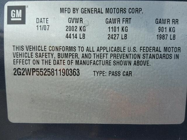 2G2WP552581190363 - 2008 PONTIAC GRAND PRIX CHARCOAL photo 10