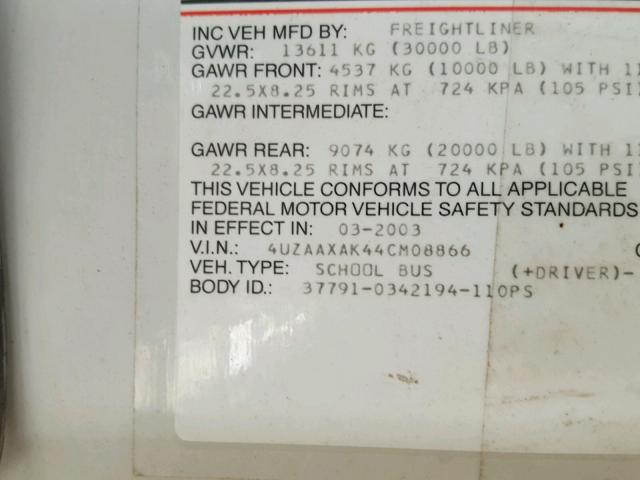 4UZAAXAK44CM08866 - 2004 FREIGHTLINER CHASSIS FS 黄色 照片 10