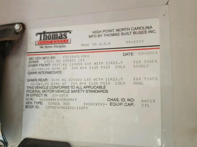 4UZAAXAK64CM08867 - 2004 FREIGHTLINER CHASSIS FS 黄色 照片 10