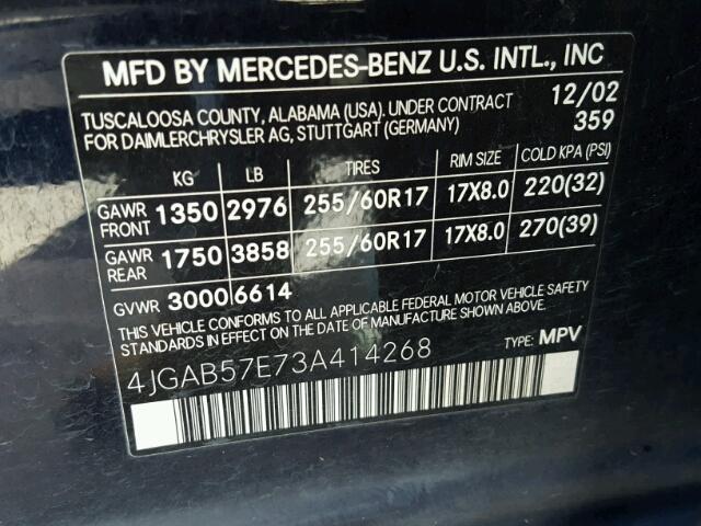 4JGAB57E73A414268 - 2003 MERCEDES-BENZ ML 350 BLUE photo 10