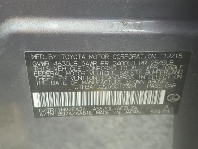 JTHBA1D22G5017384 - 2016 LEXUS IS 200T GRAY photo 10