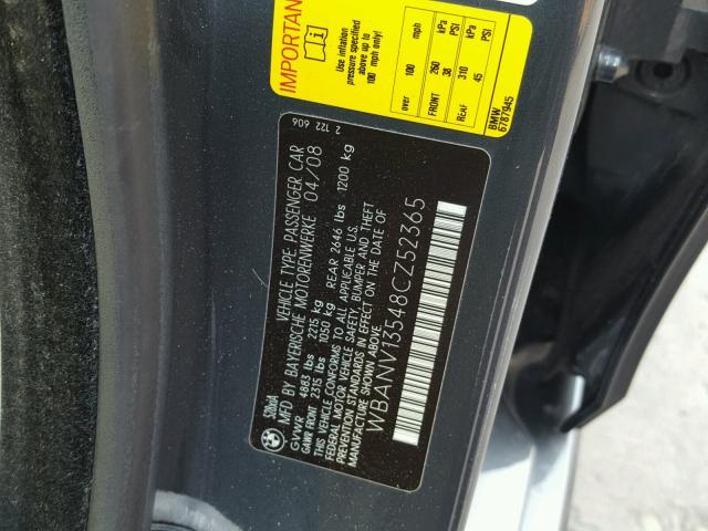 WBANV13548CZ52365 - 2008 BMW 528 XI GRAY photo 10