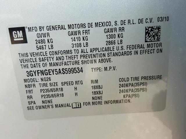 3GYFNGEY5AS599534 - 2010 CADILLAC SRX SILVER photo 10