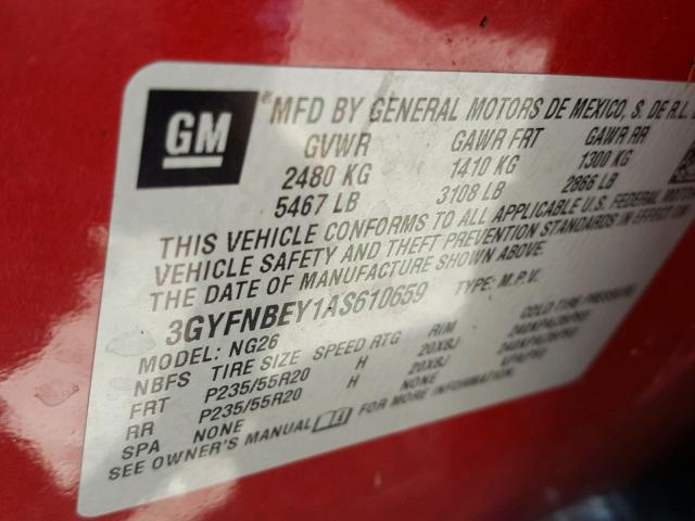 3GYFNBEY1AS610659 - 2010 CADILLAC SRX PERFOR RED photo 10