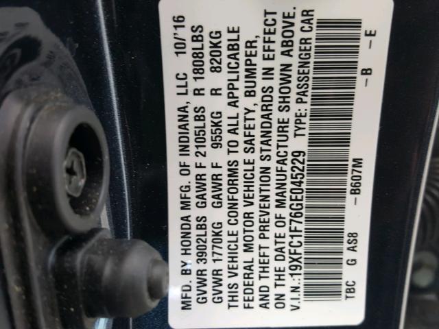 19XFC1F76GE045229 - 2016 HONDA CIVIC EXL ლურჯი ფოტო 10