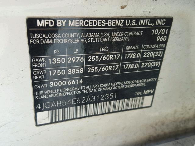 4JGAB54E62A312351 - 2002 MERCEDES-BENZ ML 320 WHITE photo 10