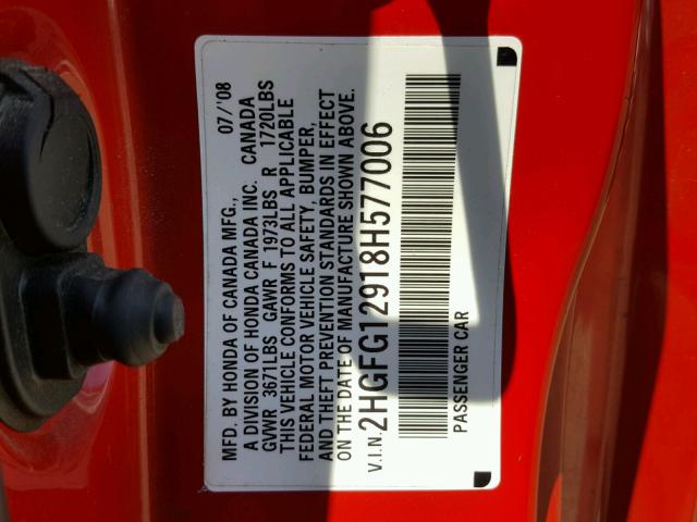 2HGFG12918H577006 - 2008 HONDA CIVIC EXL RED photo 10