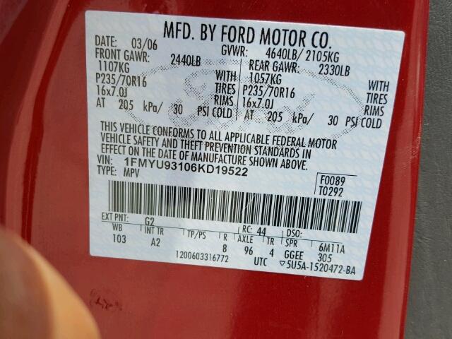 1FMYU93106KD19522 - 2006 FORD ESCAPE RED photo 10