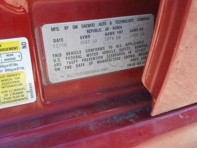 KL1TD56E69B641650 - 2009 CHEVROLET AVEO LS RED photo 10