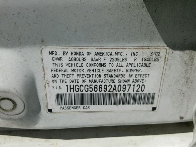 1HGCG56692A097120 - 2002 HONDA ACCORD EX WHITE photo 10