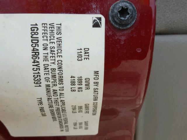 1G8JD54R64Y515391 - 2004 SATURN L300 LEVEL MAROON photo 10