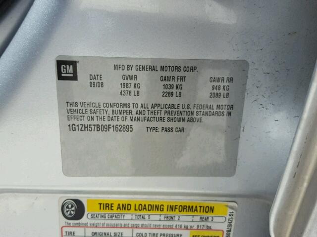 1G1ZH57B09F162895 - 2009 CHEVROLET MALIBU 1LT ვერცხლისფერი ფოტო 10