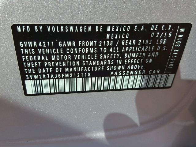 3VW2K7AJ6FM312118 - 2015 VOLKSWAGEN JETTA BASE 银色 照片 10