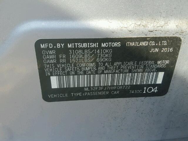 ML32F3FJ7HHF08722 - 2017 MITSUBISHI MIRAGE SILVER photo 10