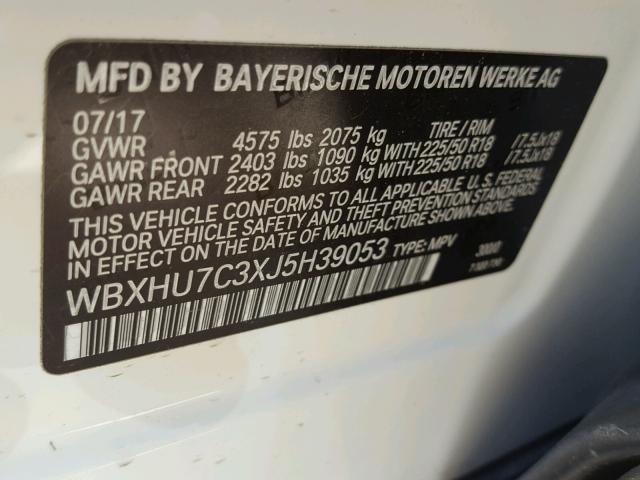 WBXHU7C3XJ5H39053 - 2018 BMW X1 SDRIVE2 WHITE photo 10