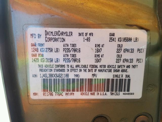 1J4GL38KX3W621108 - 2003 JEEP LIBERTY RE GREEN photo 10