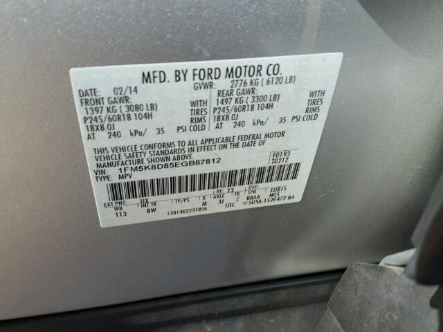 1FM5K8D85EGB87812 - 2014 FORD EXPLORER X SILVER photo 10