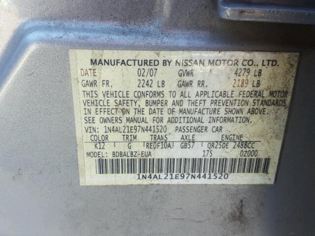 1N4AL21E97N441520 - 2007 NISSAN ALTIMA SILVER photo 10