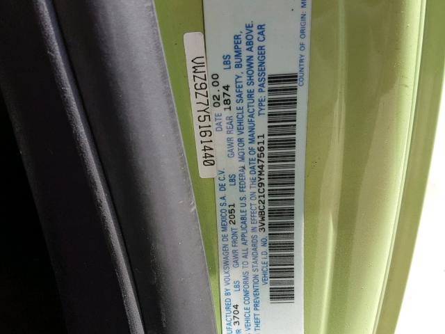 3VWBC21C9YM475611 - 2000 VOLKSWAGEN NEW BEETLE 绿色 照片 10