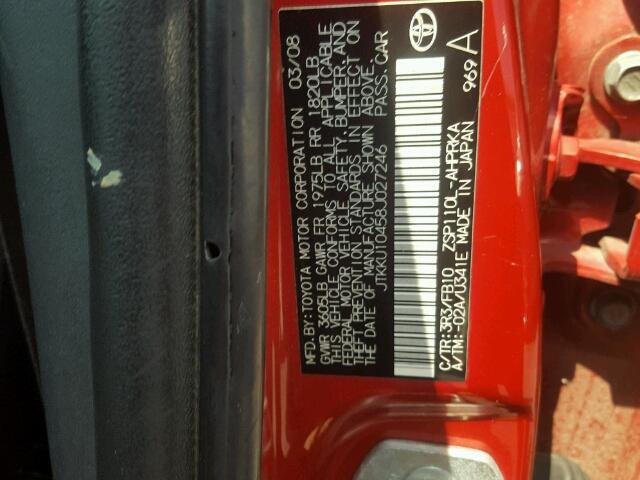 JTKKU10458J027246 - 2008 TOYOTA YARIS RED photo 10