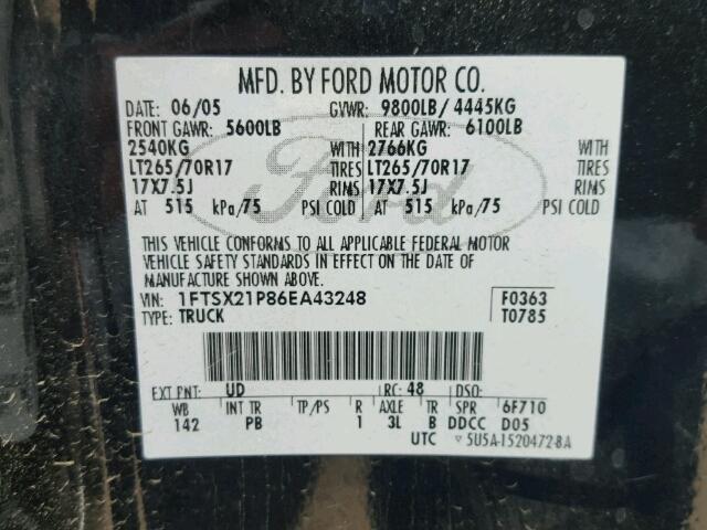 1FTSX21P86EA43248 - 2006 FORD F250 SUPER BLACK photo 10