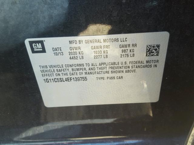 1G11C5SL4EF139755 - 2014 CHEVROLET MALIBU 1LT BLACK photo 10