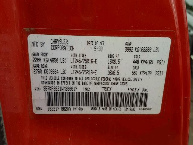 3B7KF26Z1WM286617 - 1998 DODGE RAM 2500 RED photo 10