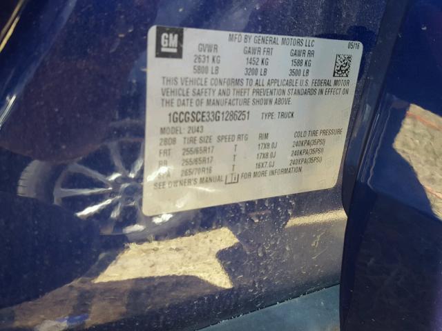 1GCGSCE33G1286251 - 2016 CHEVROLET COLORADO L BLUE photo 10