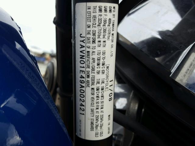 JYAVN01E49A002421 - 2009 YAMAHA XVS950 A BLUE photo 10