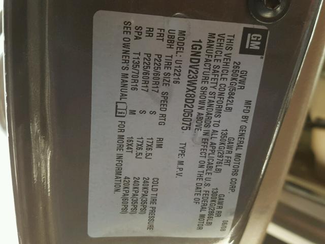 1GNDV23WX8D205075 - 2008 CHEVROLET UPLANDER L 棕色 照片 10