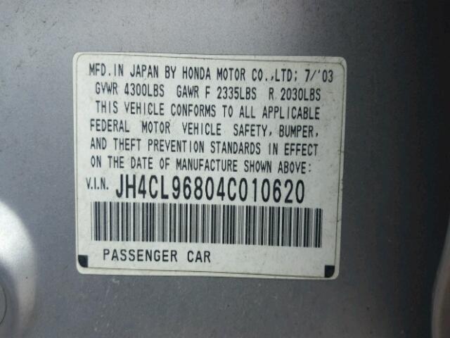 JH4CL96804C010620 - 2004 ACURA TSX SILVER photo 10